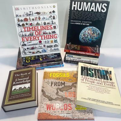 Historical Curiosity Book Stack – Timelines, Fossils, and the Afterlife