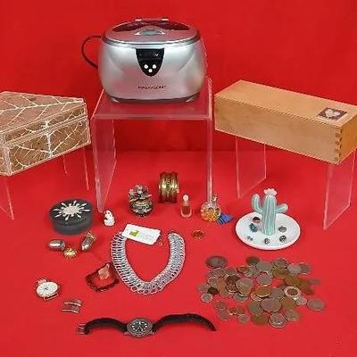 Vintage Orvis Watch w Leather Band + International Coins