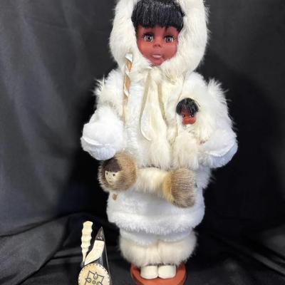 Vintage “Sleepy Eskimo” Fur Doll (1960s) + Scrimshaw Figurine