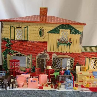 T Cohn Tin Litho Metal Dollhouse 1950s, Over 70 pieces of furniture, Renwal Ideal Best