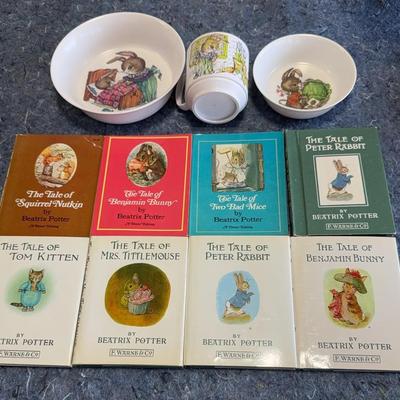 Beatrix Potter Books & Bowls + Cup