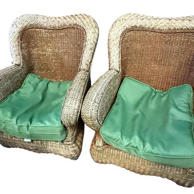 Pair of Woven Rattan Armchairs with Green Cushions – Coastal Lounge Style
