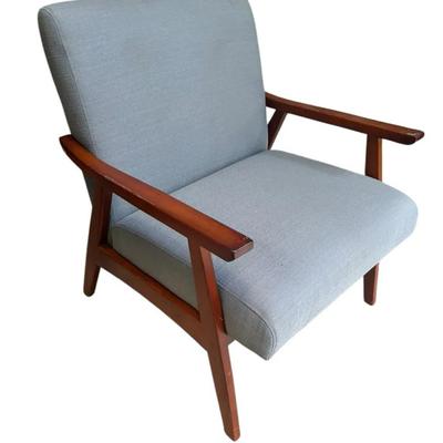 Mid-Century Modern Style Lounge Chair – Wood Frame & Blue Upholstery
