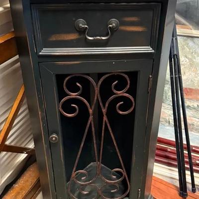 Black Corner Cabinet with Drawer and Iron Scroll Door