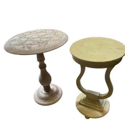 Pair of Decorative Accent Tables – Carved Pedestal & Curved Base Stand