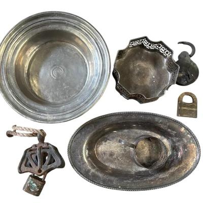 Mixed Silverplate & Metal Decorative Lot – Bowls, Tray, Filigree Holder, Locks