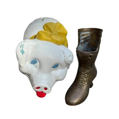 Vintage Pig Bank and Brass Victorian Boot Planter