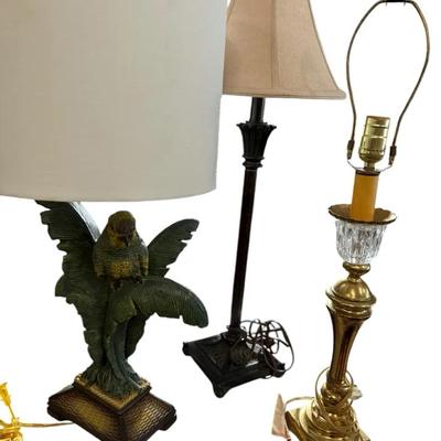 Lot of Three Decorative Table Lamps – Parrot, Brass & Traditional