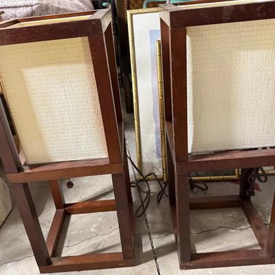 Pair of Mid-Century Modern Style Wooden Box Lamps with Textured Shades
