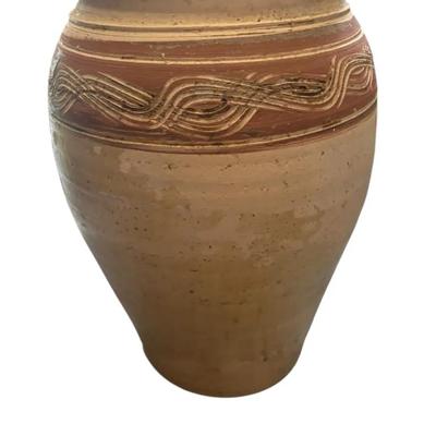 Handcrafted Pottery Vase & Carved Metal-Top Accent Table – Decorative Duo (Lot of 2)