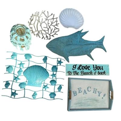 Coastal Beach Décor Lot – Shells, Signs, Wall Art & Tray