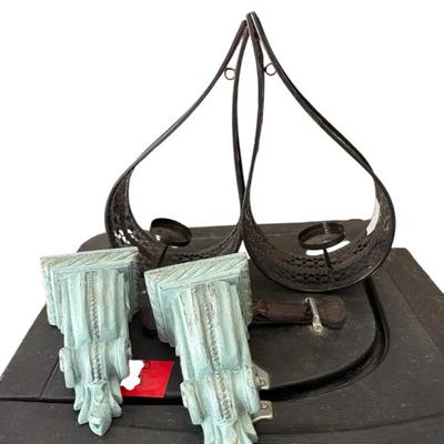 Lot of Rustic Black Mikasa Metal Candle Holders & Aqua Decorative Corbels