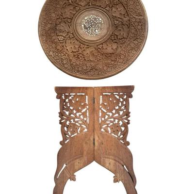 Hand-Carved Folding Wood Table with Round Detailed Top