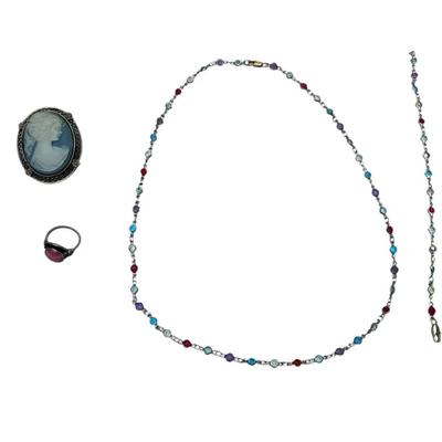 Vintage Cameo Brooch, Gemstone Ring & Beaded Necklace Set (3 Pieces)