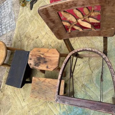 Rustic Wooden Stool & Chair Lot – Primitive Farmhouse Décor