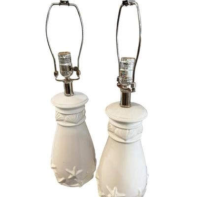 Pair of Coastal White Ceramic Table Lamps with Starfish Design