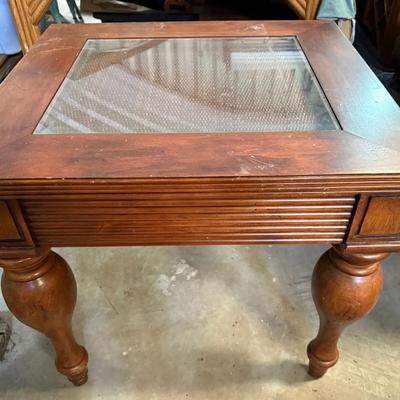 Vintage Solid Wood Side Table with Glass Inset Top