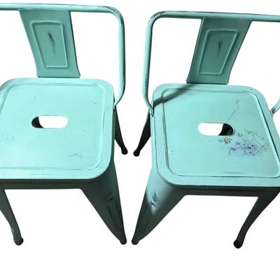 Pair of Vintage Industrial Metal Chairs – Mint Green Finish