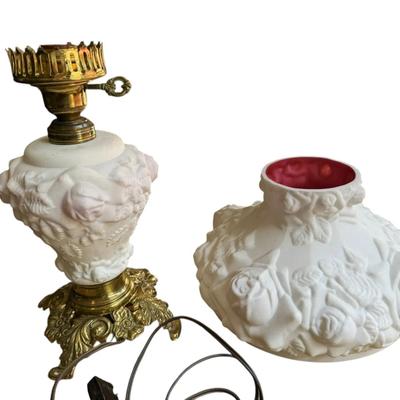 Antique Frosted Milk Glass Lamp with Raised Rose Design