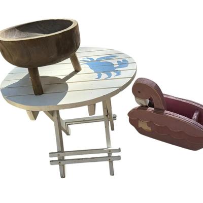 Coastal Décor Lot – Wooden Crab Table, Flamingo Planter & Footed Bowl