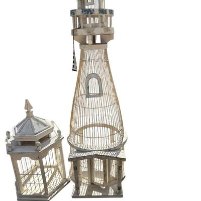 Coastal Décor Lot – Lighthouse and Gazebo Birdcages with Turquoise Lamp