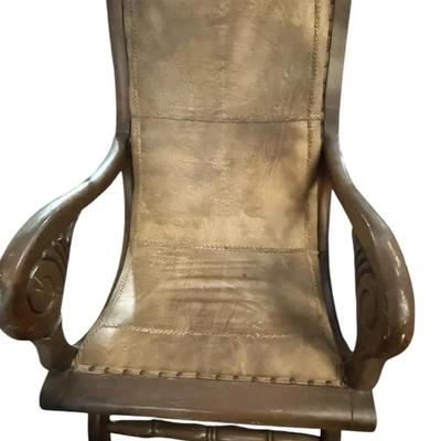 Vintage Hand-Carved Leather and Wood Sling Chair