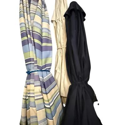 Lot of 3 Patio Umbrellas with Metal & Wood Stands – Outdoor Shade Set