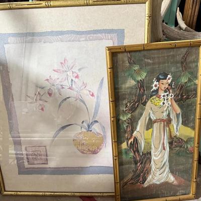 Pair of Vintage Bamboo-Framed Tropical Prints – Orchid & Island Lady