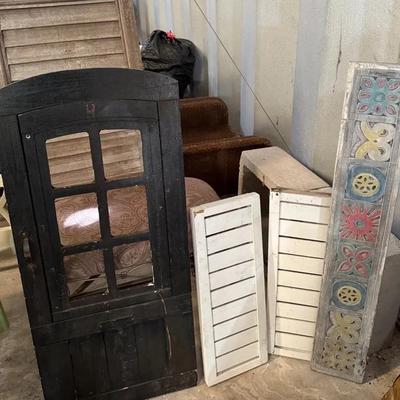 Vintage Architectural Salvage Lot – Black Farmhouse Door, White Shutters & Hand-Carved Panel