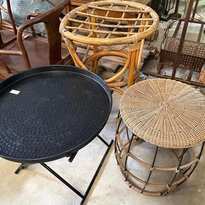 Set of 3 Accent Tables – Metal, Rattan, and Wicker Styles