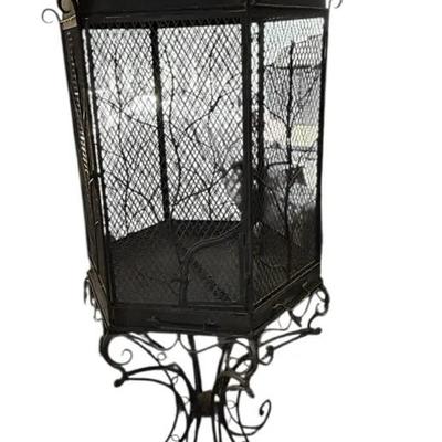 Ornate Black Wrought Iron Aviary-Style Display Cage