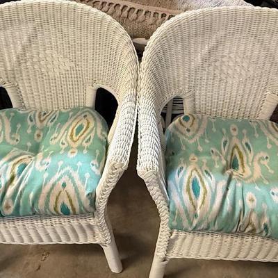 Pair of White Wicker Armchairs with Aqua Ikat Cushions