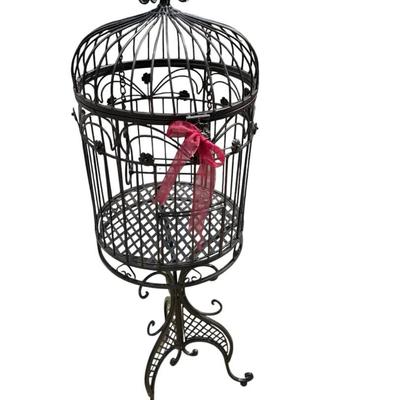 Tall Decorative Metal Birdcage on Scroll Stand – Garden or Indoor Accent