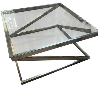 Modern Chrome Geometric Base Coffee Table with Thick Glass Top