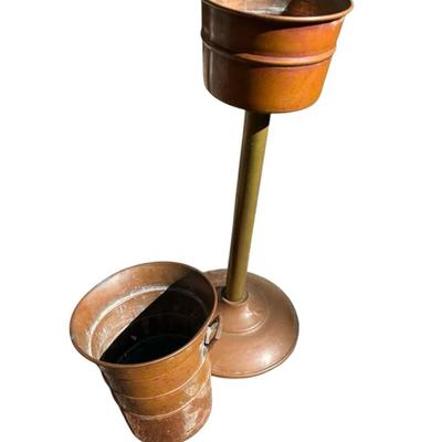Vintage Copper Bucket Planter on Brass Stand