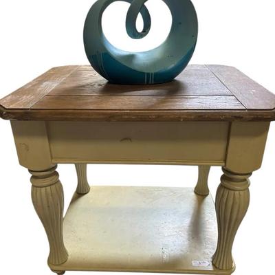 Wood & Cream Side Table + Modern Blue Abstract Sculpture
