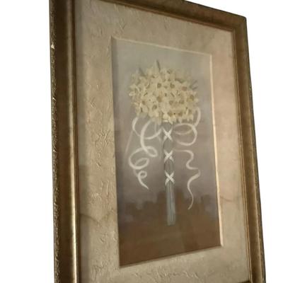 Elegant Framed Floral Art Print with Textured Mat and Gold Frame 33”x22”  