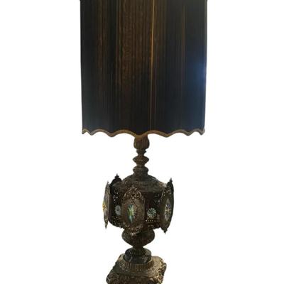 Vintage Ornate Metal Lamp with Jewel Accents and Black Shade