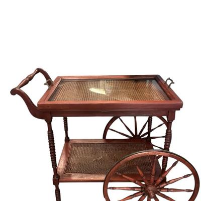Vintage Wood Bar Cart with Cane Shelves & Console Table – Furniture Lot