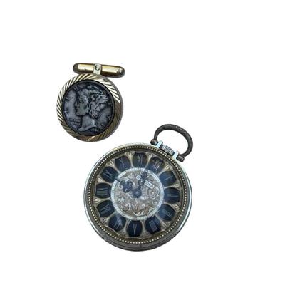 Vintage Ornate Pocket Watch & 1944 Mercury Dime Cufflink (2 Pieces)