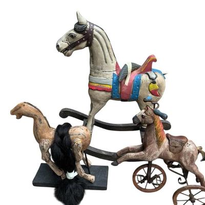 Wooden Toy Horses – Set of 3 (Vintage / Rustic / Hand-Carved)