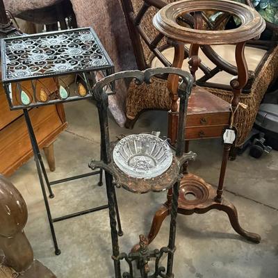 Collection of Three Vintage Accent Tables – Wood Pedestal, Cast-Iron Stand with Glass Bowl & Ornate 