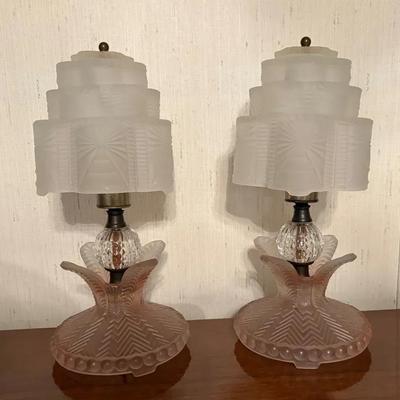 Pair of Art Deco Rene Lalique Style Boudoir Lamps