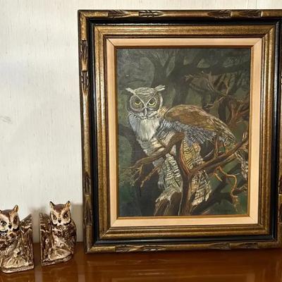 VTG Great Horned Owl Framed Painting & A Pair of Ceramic Owl Book Ends
