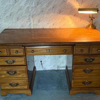 Wooden Desk w/Vintage Brass Desk Lamp