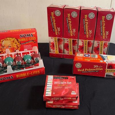 Vintage Noma Bubble-Lites 2 Box, Vintage GE Red  Poinsettia Lights 5 Box, 2 20 Light Sets