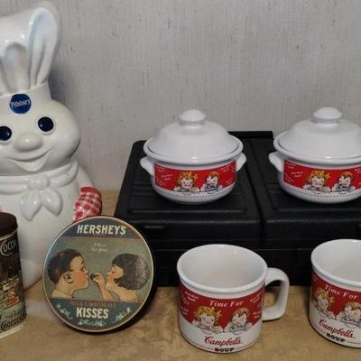 LOT Vintage Pillsbury Dough Boy Cookie Can, 2 Hershey's Tins, 4 Campbell's Soup Containers