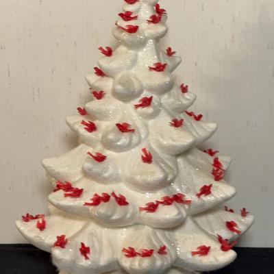 Gorgeous White Ceramic Light Up Christmas Tree with Red Cardinals