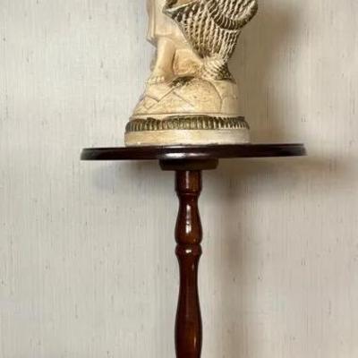 Vintage Marwal Chalkware Harvest Lady Statue On Vintage Cherry Pedestal Table