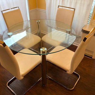 45” Round Glass Dining Table Set For 4 w/PU White Leather Chairs & Step Trash Can